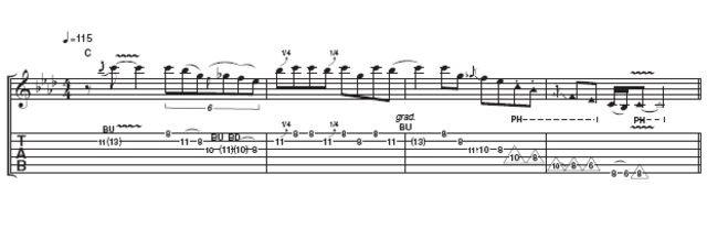 Using the C blues scale, this example typifies Billy's relaxed but 'in command' feel. Details to be aware of are the slow triplets (in bar 1), quarter-tone bends, staccato notes and pinch harmonics.